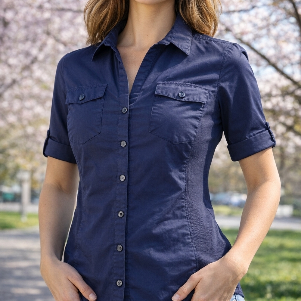 NWOT Alfred Sung Navy Cotton Shirt – Stretch Side Panels, Tailored Fit Size M